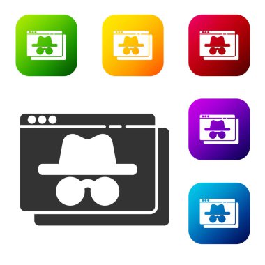 Siyah Tarayıcı kimliksiz pencere simgesi beyaz arkaplanda izole edildi. Renkli kare düğmelerle simgeleri ayarla. Vektör.