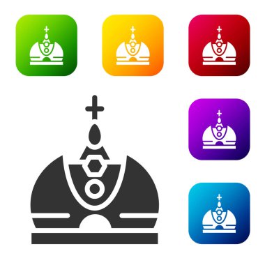 Siyah Kral taç simgesi beyaz arkaplanda izole edilmiş. Renkli kare düğmelerle simgeleri ayarla. Vektör.