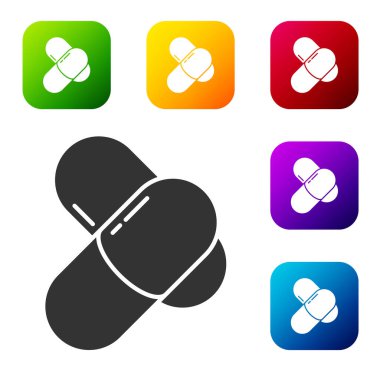 Siyah Spor, vücut geliştirme, protein enerji içeceği ve beyaz arka planda izole edilmiş yiyecek ikonu. Renkli kare düğmelerle simgeleri ayarla. Vektör.