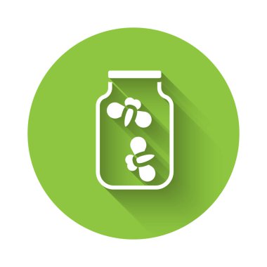 Beyaz Ateş Böcekleri, uzun gölgeli bir kavanozdaki ikon böcekleri. Yeşil daire düğmesi. Vektör.