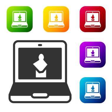 Siyah Online müze simgesi beyaz arkaplanda izole edildi. Müze galerisi Renkli kare düğmelerle simgeleri ayarla. Vektör.