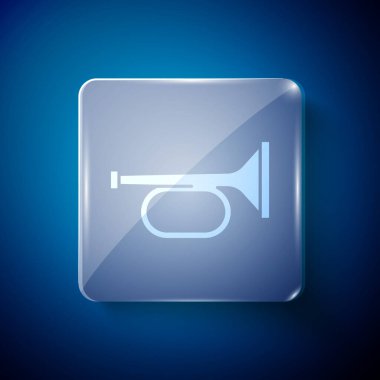 Beyaz Trompet simgesi mavi arkaplanda izole edildi. Müzik aleti trompeti. Kare cam paneller. Vektör.