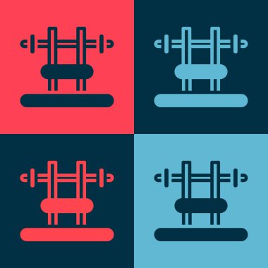 Barbel ikonlu Pop Art Bench renkli arka planda izole edilmiş. Spor aletleri. Vücut geliştirme, ağırlık kaldırma, fitness konsepti. Vektör.