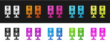 Stereo hoparlör simgesini siyah beyaz arkaplanda izole et. Ses sistemi hoparlörleri. Müzik ikonu. Müzikal sütun hoparlörü. Vektör.
