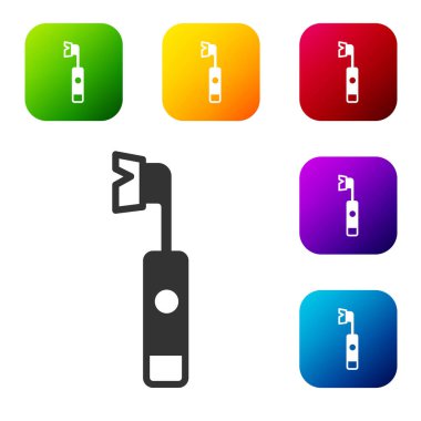 Beyaz arkaplanda siyah elektrikli diş fırçası simgesi izole edildi. Renkli kare düğmelerle simgeleri ayarla. Vektör.