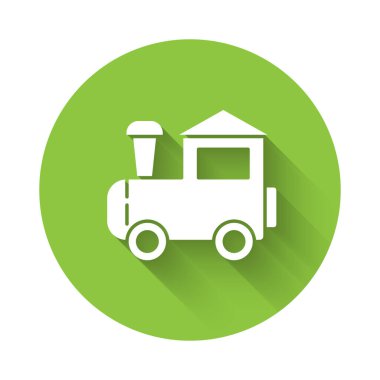 Uzun gölgeli beyaz oyuncak tren ikonu. Yeşil daire düğmesi. Vektör.