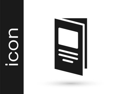 Beyaz arkaplanda izole edilmiş Siyah Broşür şablon tasarım simgesi. Şirket yıllık raporu, katalog, dergi, broşür modeli. Vektör.