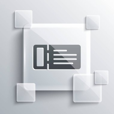 Gri arka planda izole edilmiş gemi ikonu ile seyahat için Gri Cruise bileti. Yolcu gemisiyle seyahat edin. Cennete seyahatler. Kare cam paneller. Vektör.