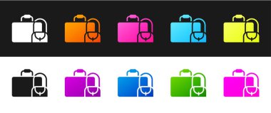 Seyahat simgesi için bavulu siyah beyaz arkaplanda ayır. Seyahat bagaj tabelası. Seyahat bagaj ikonu. Vektör.