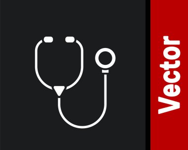 Beyaz steteskop tıbbi alet simgesi siyah arka planda izole edildi. Vektör.
