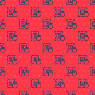 Çuval ikonundaki mavi çizgi Apple kırmızı arkaplandaki kusursuz deseni izole etti. Elmalar çantanın içinde. Çiftçi pazarı. Vektör İllüstrasyonu.