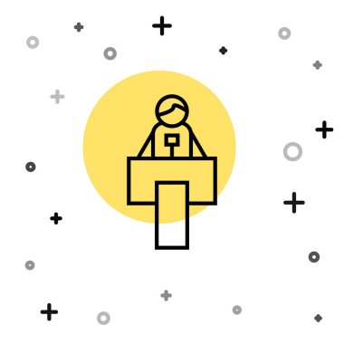 Siyah çizgi sahne standı ya da beyaz arkaplanda izole edilmiş podyum kürsü ikonu. Konferans konuşma tribünü. Rastgele dinamik şekiller. Vektör.