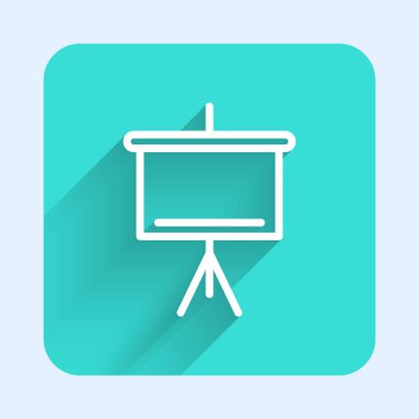 Beyaz çizgi kireçtaşı simgesi uzun gölgeli izole edildi. Okul karatahtası. Yeşil kare düğmesi. Vektör.