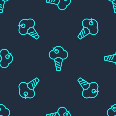 Yeşil çizgi dondurma, waffle konisi ikonu, mavi arkaplanda izole edilmiş, pürüzsüz desen. Güzel sembol. Vektör.