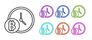 Siyah çizgi kripto para Bitcoin saat simgesi beyaz arka planda izole. Madeni para. Engelleme zinciri tabanlı şifreli para birimi. Simgeleri renklendirin. Vektör.