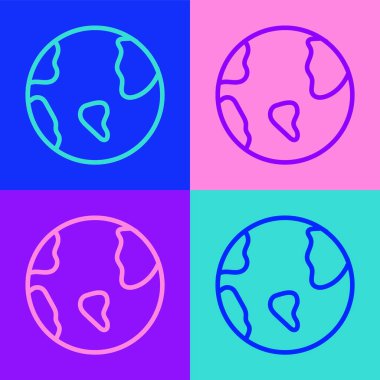Pop sanat çizgisi Dünya ikonu renk arkaplanında izole edilmiş. Dünya ya da Dünya işareti. Küresel internet sembolü. Geometrik şekiller. Vektör.