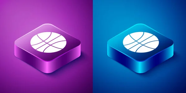 青と紫の背景に単離されたアイソメトリックバスケットボールボールアイコン スポーツシンボル 正方形のボタン ベクターイラスト — ストックベクタ