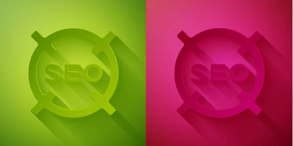 Papel Corte Seo Icono Optimización Aislado Fondo Verde Rosa Estilo — Vector de stock