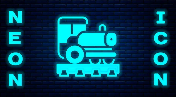 Glowing Neon Vintage Locomotive Icon Isolated Brick Wall Background Steam — Stock Vector