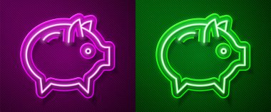 Parlayan neon hattı Piggy Bank ikonu, mor ve yeşil arka planda izole edilmiş. Tasarruf ya da para birikimi, yatırım. Vektör.