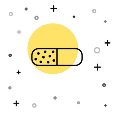 Siyah çizgi, beyaz arka planda izole edilmiş hap kapsülü ikonu vitamin kompleksi. Sağlıklı bir yaşam tarzı. Rastgele dinamik şekiller. Vektör.