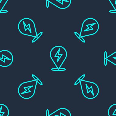 Yeşil çizgi Şimşek simgesi mavi arka planda izole edilmiş pürüzsüz desen. Flaş ikonu. Flaş ikonunu yükle. Gök gürültüsü. Yıldırım çarpması. Vektör.