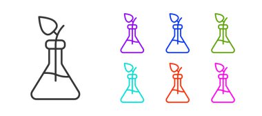 Siyah çizgi bitki yetiştirme ikonu beyaz arkaplanda izole edilmiş. Test tüplerinde büyüyen bitkiler. Organik gıda, tarım ve hidrofonik. Simgeleri renklendirin. Vektör.