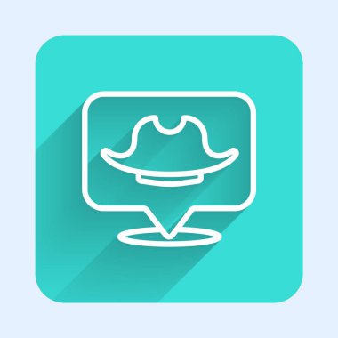 Beyaz çizgi konum korsan ikonu uzun gölgeli izole edilmiş. Yeşil kare düğmesi. Vektör.