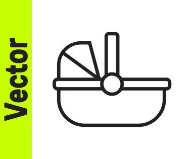 Siyah çizgi bebek arabası simgesi beyaz arkaplanda izole edildi. Bebek arabası, at arabası, bebek arabası, bebek arabası, tekerlek. Vektör.