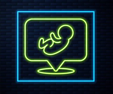 Parlayan neon hattı. Bebek ikonu tuğla duvar arkasında izole edilmiş. Vektör.