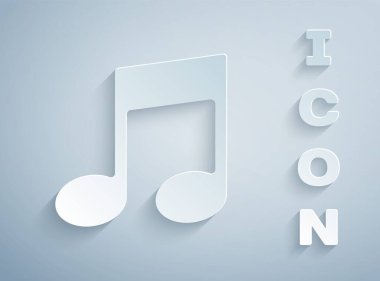 Kağıt kesiği Müzik notası, ton simgesi gri arkaplanda izole edilmiş. Kağıt sanatı tarzı. Vektör İllüstrasyonu.