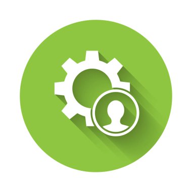 Beyaz Kafa av ikonu uzun gölgeli izole edilmiş. İş hedefi ya da İstihdam tabelası. İş için insan kaynakları ve adam toplama. Yeşil daire düğmesi. Vektör.