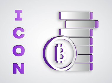 Kağıt kesiği Kripto para birimi simgesi Bitcoin gri arka planda izole edildi. Madeni para. Engelleme zinciri tabanlı şifreli para birimi. Kağıt sanatı tarzı. Vektör.
