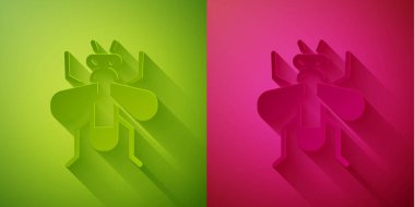 Kağıt kesiği Böcek sineği ikonu yeşil ve pembe arka planda izole edilmiş. Kağıt sanatı tarzı. Vektör.