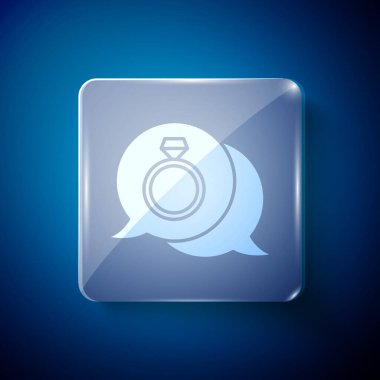 Beyaz Elmas nişan yüzüğü ikonu mavi arka planda izole edilmiş. Kare cam paneller. Vektör.