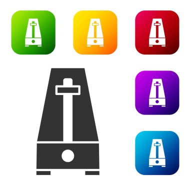 Beyaz arkaplanda izole edilmiş hareket simgesi olan Siyah Klasik Metronom. Müzik ve ritim mekanizması. Renkli kare düğmelerle simgeleri ayarla. Vektör.