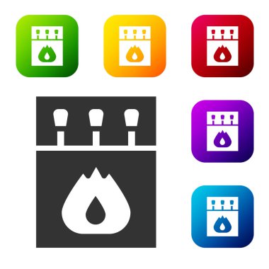 Siyah Açık kibrit kutusu ve beyaz arkaplanda izole edilmiş kibrit kutusu. Renkli kare düğmelerle simgeleri ayarla. Vektör.