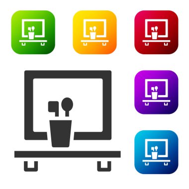 Beyaz arka planda siyah leğen aynası ikonu izole edilmiş. Banyo içi aynalı. Renkli kare düğmelerle simgeleri ayarla. Vektör.