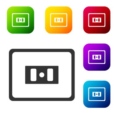 Beyaz arkaplanda siyah elektrik çıkış simgesi izole edildi. Elektrik prizi. Rosette sembolü. Renkli kare düğmelerle simgeleri ayarla. Vektör.