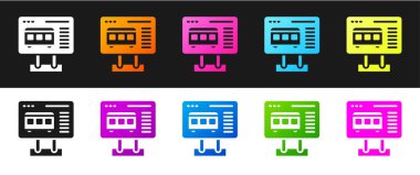 Bilet bürosunu, siyah beyaz arka planda izole edilmiş tren veya uçak ikonu için bilet almaya ayarlayın. Bilet alıyorum. Bilet servisi. Vektör.