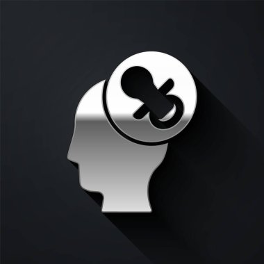 Gümüş Bebek Emziği simgesi siyah arkaplanda izole edildi. Çocuk oyuncağı. Uzun gölge tarzı. Vektör.