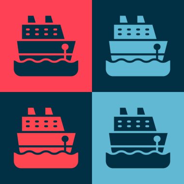 Pop Art Cruise gemi simgesi renk arkaplanında izole edildi. Seyahat turizmi deniz taşımacılığı. Yolcu gemisi, yolcu gemisi. Dünya çapında bir gezi. Vektör.