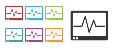 Beyaz zemin üzerinde kardiyogram simgesi olan siyah bilgisayar monitörü. Simge denetleniyor. Kalp atışı elle çizilmiş EKG monitörü. Simgeleri renklendirin. Vektör.