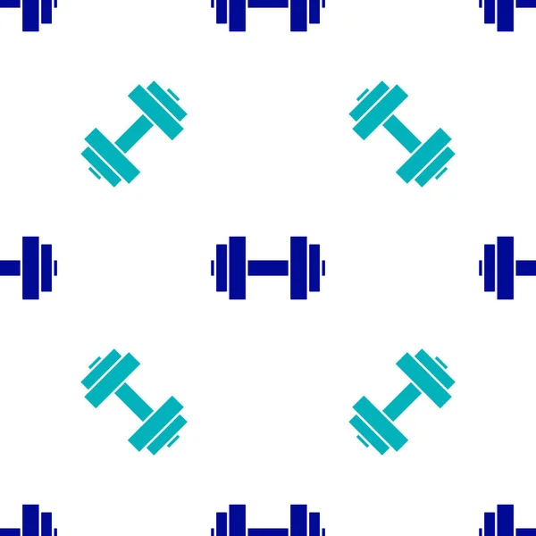 蓝色的哑铃图标在白色背景上隔离了无缝图案 肌肉举重图标 健身杠铃 运动器械 运动杠铃 — 图库矢量图片