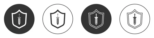 Schwarzer Mittelalterlicher Schild Mit Schwert Symbol Auf Weißem Hintergrund Kreis — Stockvektor