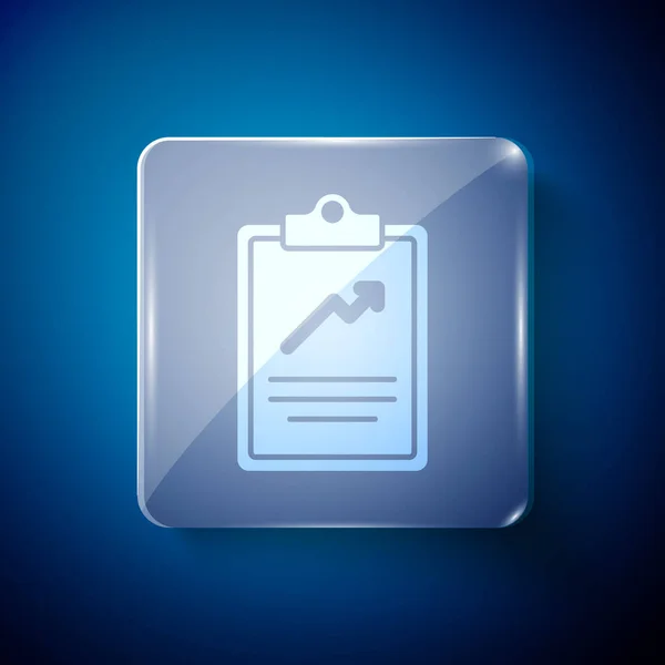 白色剪贴板上的图表图标孤立的蓝色背景 报告文本文件图标 会计标志 方块玻璃面板 — 图库矢量图片