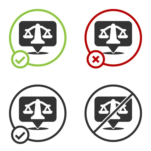 在白色背景上孤立的黑色司法刻度图标 法院的象征 天平标志圆形按钮 — 图库矢量图片