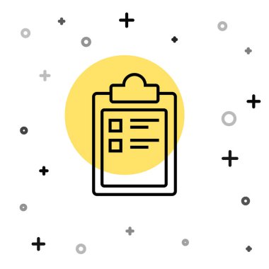 Siyah çizgi spor eğitim programı ya da beyaz arka planda izole edilmiş fitness planı simgesi. Rastgele dinamik şekiller. Vektör İllüstrasyonu.