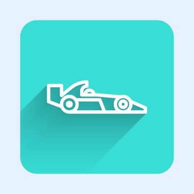 Beyaz çizgi Formula 1 yarış arabası ikonu uzun gölgeli izole edilmiş. Yeşil kare düğmesi. Vektör İllüstrasyonu.