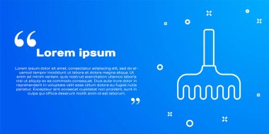 Mavi arka planda beyaz çizgi çizgisi tırmık simgesi izole edildi. Bahçecilik, tarım, çiftçilik aleti. Toprak işçisi. Vektör İllüstrasyonu.